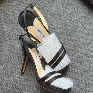 Jimmy Choo Black Satin Open-Toe Slingback Stiletto Heels